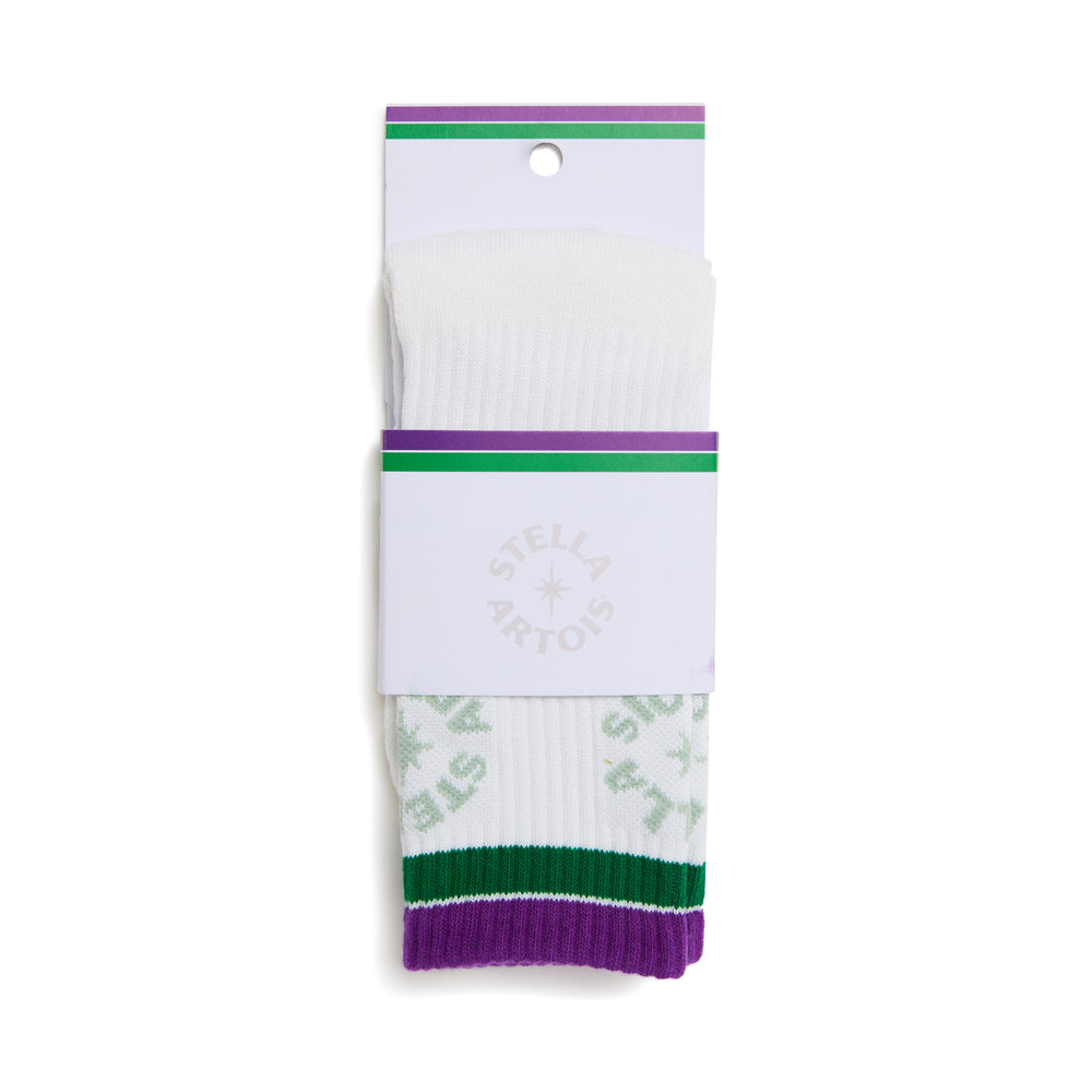 Custom branded sock packaging — fold card with hang hole and brand-colour header band